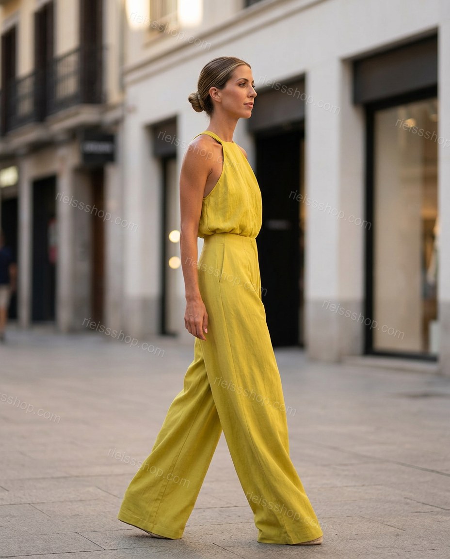 Yellow-green Halter Pleated Jumpsuit, alternate use-case lifestyle view, by Rieissshop