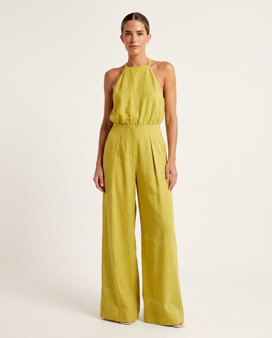 Yellow-green Halter Pleated Jumpsuit, front studio view, by Rieissshop