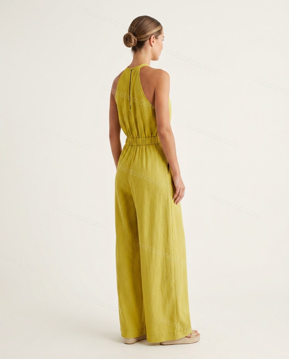 Yellow-green Halter Pleated Jumpsuit, back studio view, by Rieissshop