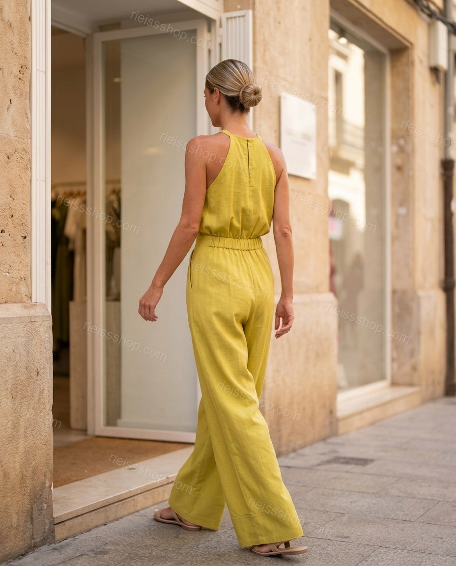 Yellow-green Halter Pleated Jumpsuit, movement and fit lifestyle view, by Rieissshop