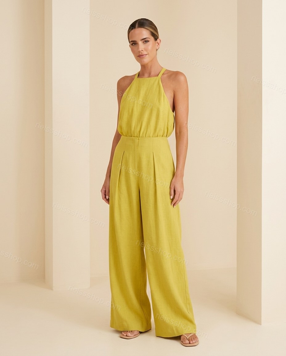 Yellow-green Halter Pleated Jumpsuit, full-length hero view, by Rieissshop
