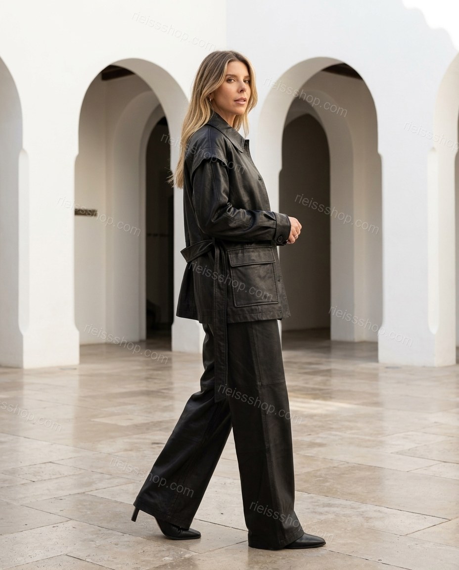 Black Pleated Pants, three-quarter brand lifestyle view, by Rieissshop