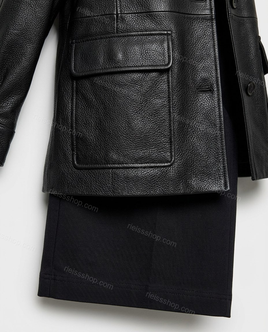Black Pleated Pants, close-up of button-front closure, flap pockets and tie-waist, by Rieissshop