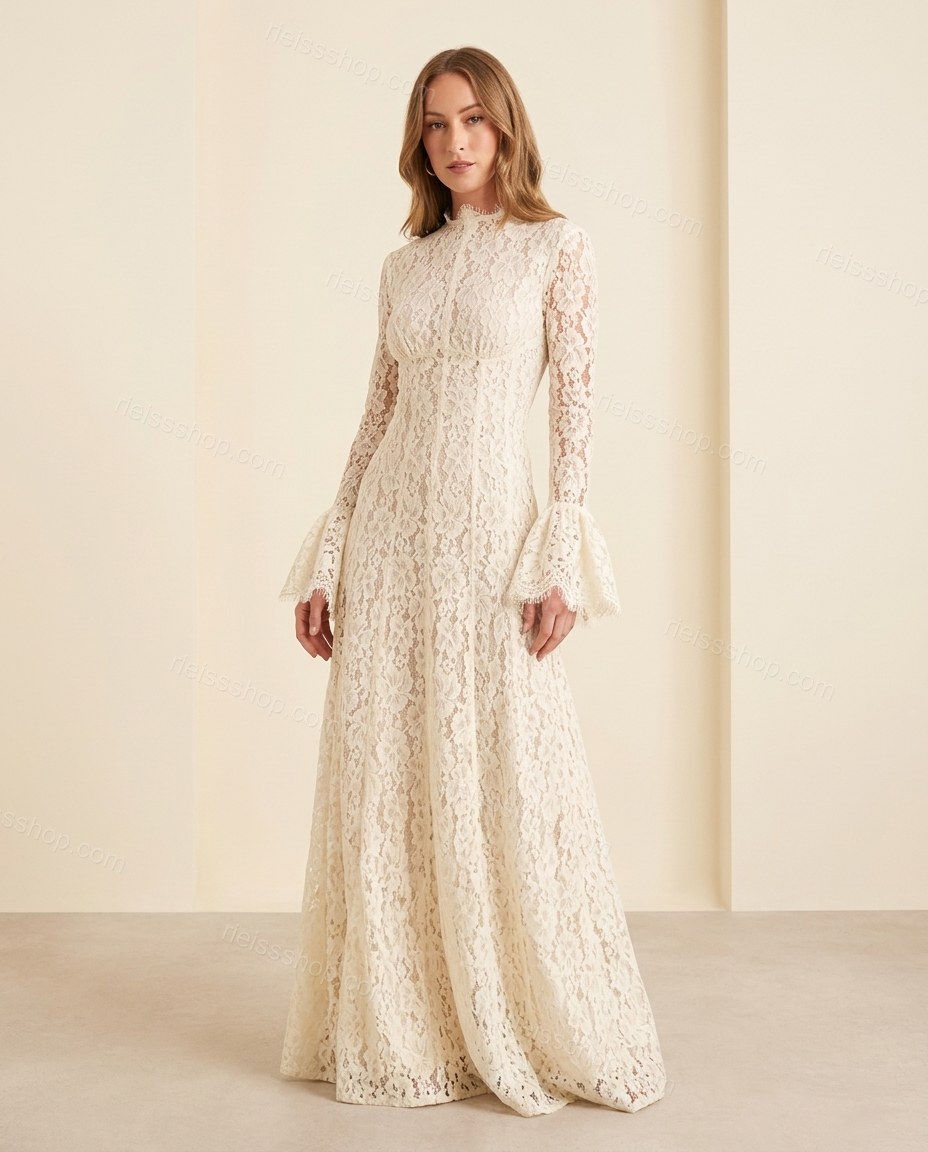 Off-white Floral Maxi Ruffled Dress, full-length hero view, by Rieissshop