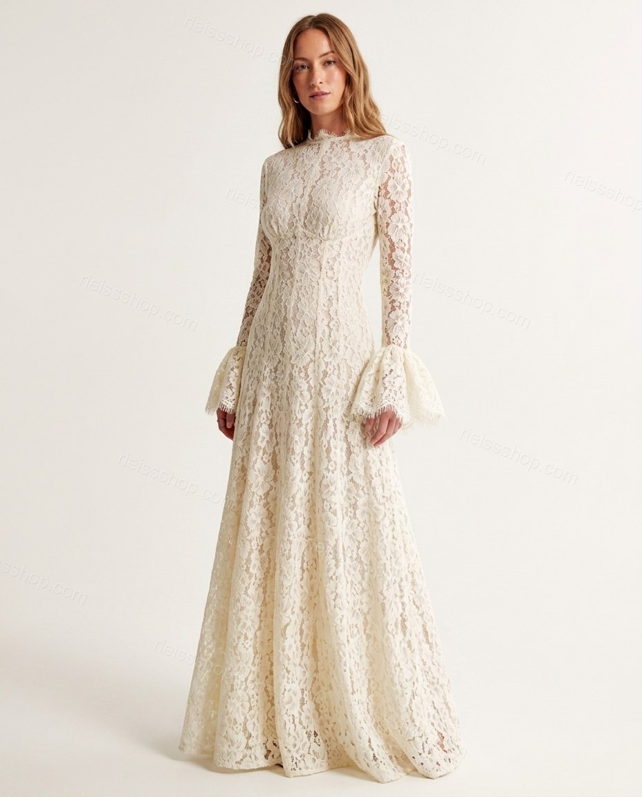 Off-white Floral Maxi Ruffled Dress, front studio view, by Rieissshop