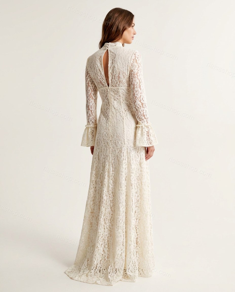 Off-white Floral Maxi Ruffled Dress, back studio view showing keyhole opening with lace, by Rieissshop