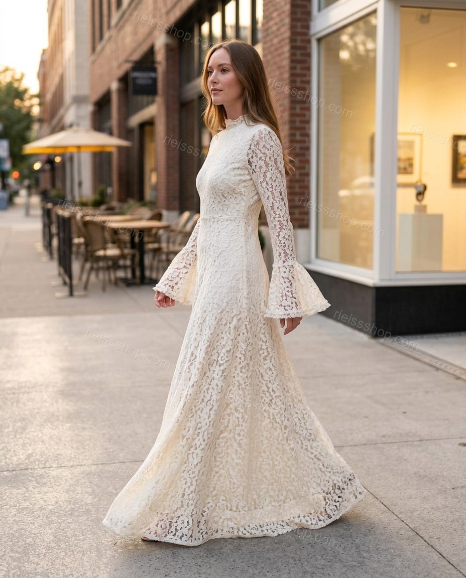 Off-white Floral Maxi Ruffled Dress, alternate use-case lifestyle view, by Rieissshop