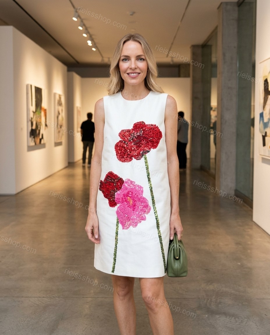 White Floral Dress, three-quarter brand lifestyle view, by Rieissshop
