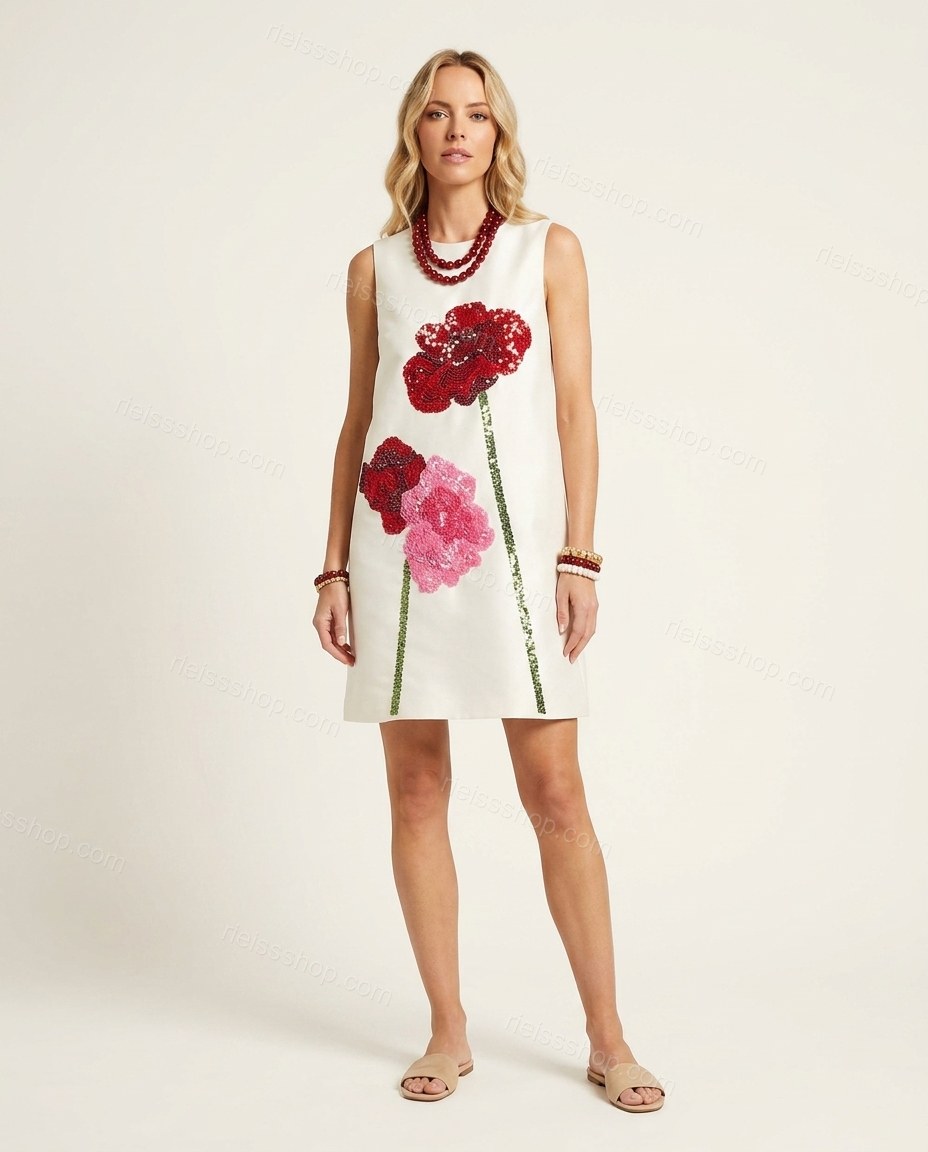 White Floral Dress, front studio view, by Rieissshop