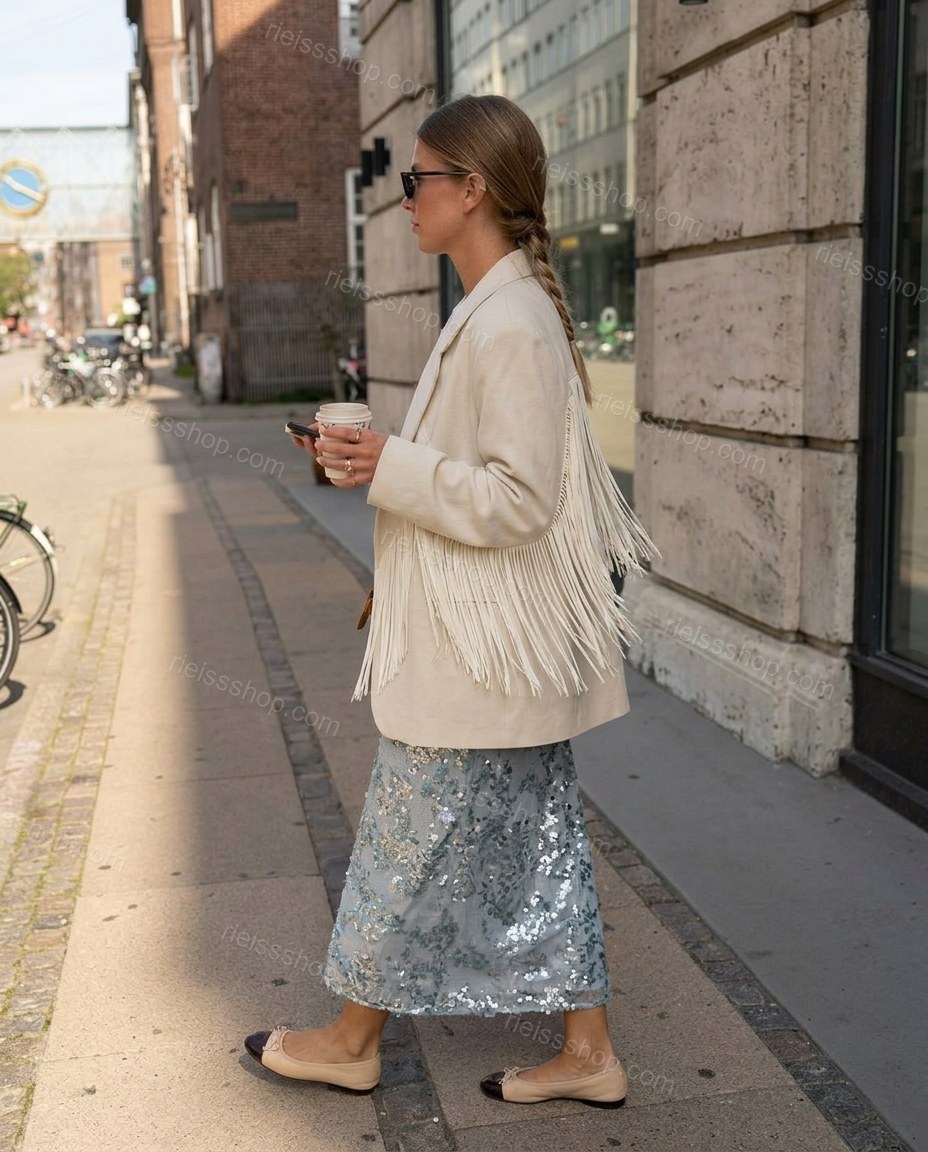 Cream Fringe Two-Piece Set, alternate use-case lifestyle view, by Rieissshop