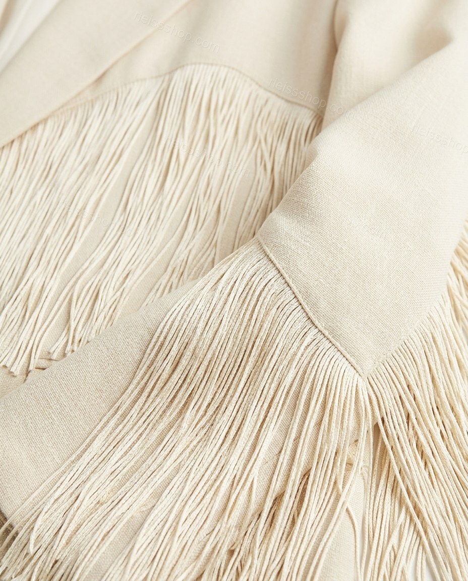 Cream Fringe Two-Piece Set, close-up of fringe detailing on sleeves, notched lapel and open front design, by Rieissshop