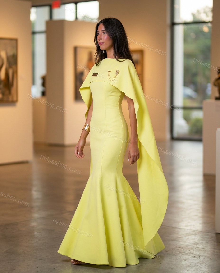 Lime Yellow Maxi Cape Dress, alternate use-case lifestyle view, by Rieissshop