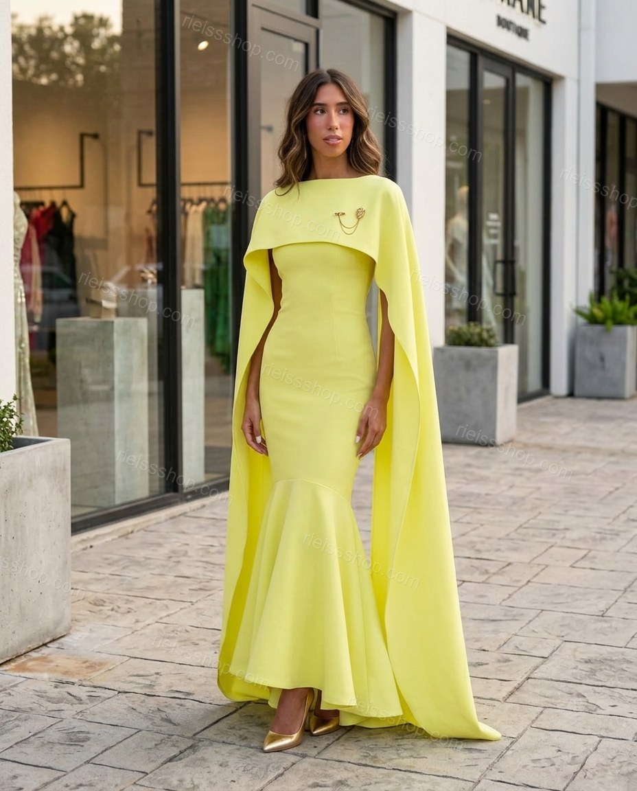 Lime Yellow Maxi Cape Dress, full-length hero view, by Rieissshop