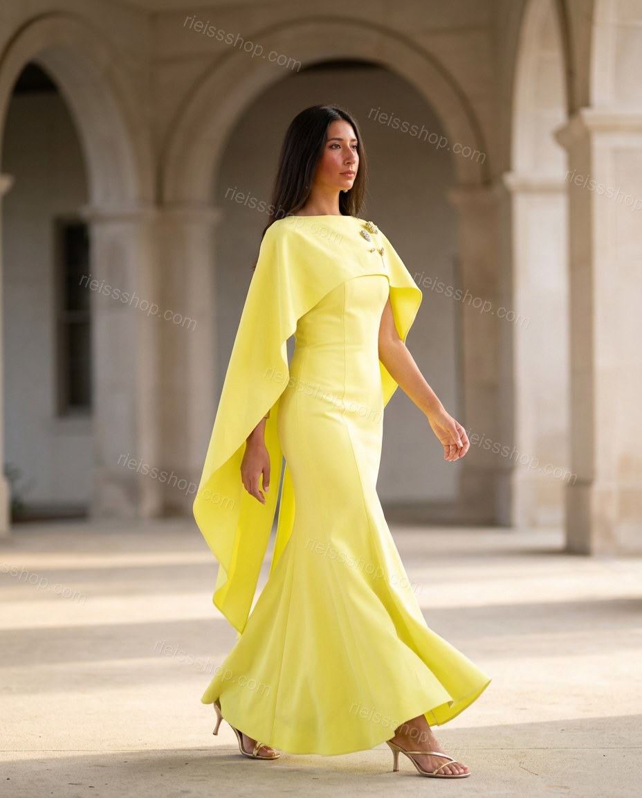 Lime Yellow Maxi Cape Dress, movement and fit lifestyle view, by Rieissshop