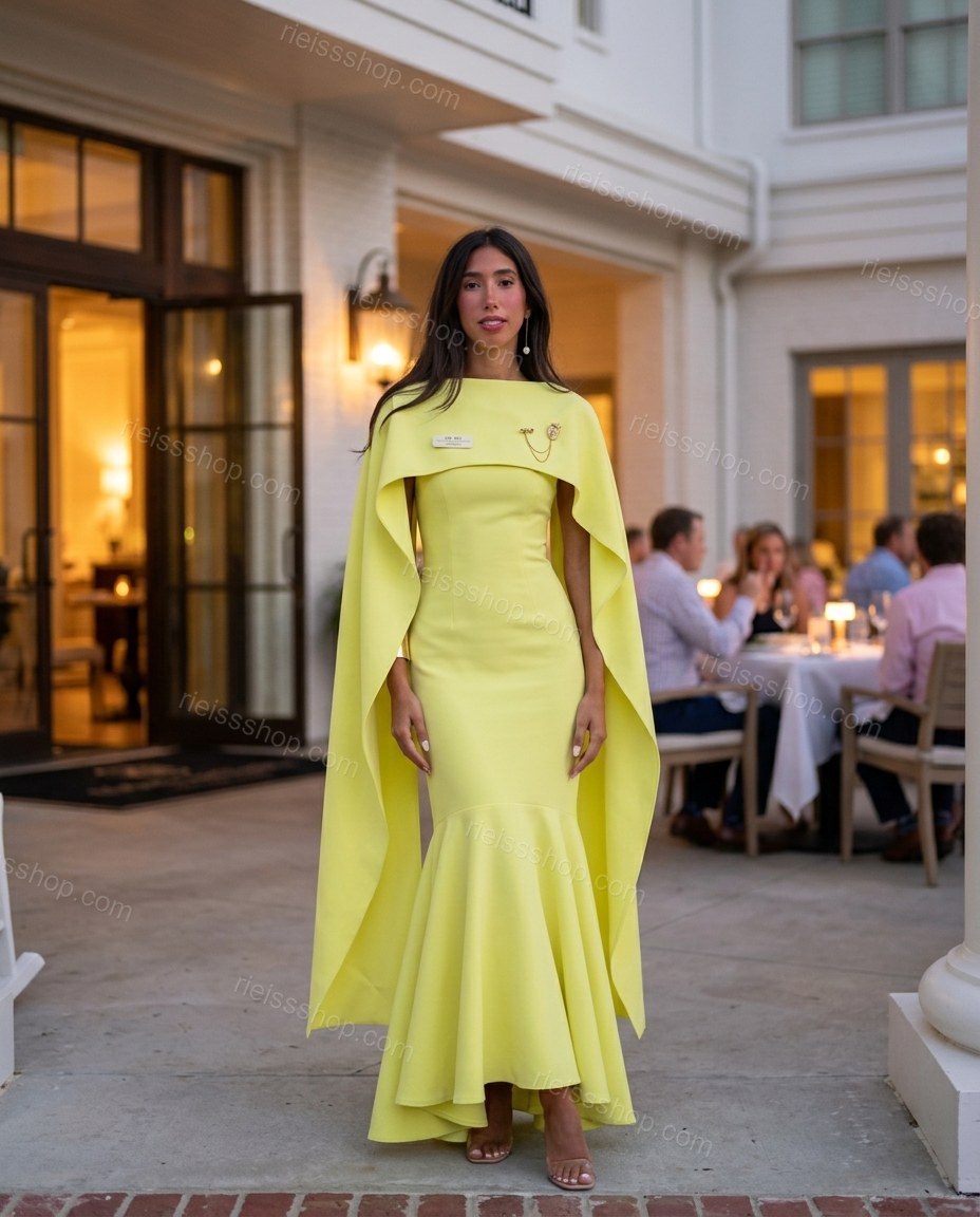 Lime Yellow Maxi Cape Dress, three-quarter brand lifestyle view, by Rieissshop
