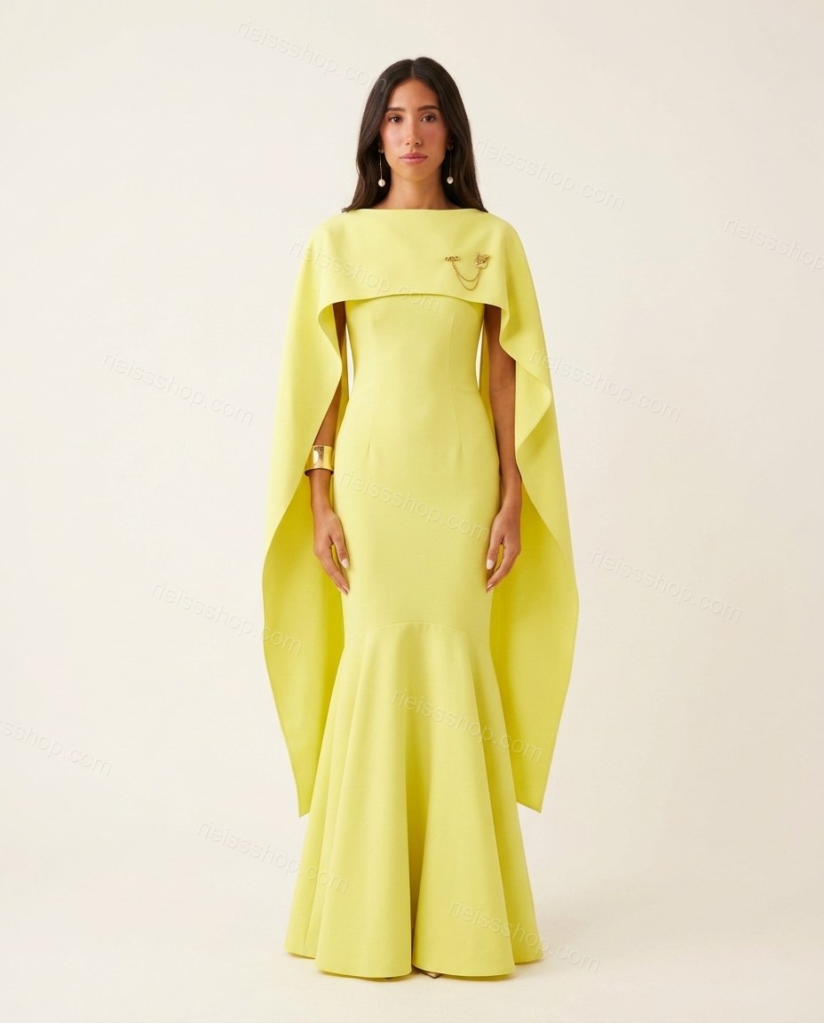 Lime Yellow Maxi Cape Dress, front studio view, by Rieissshop