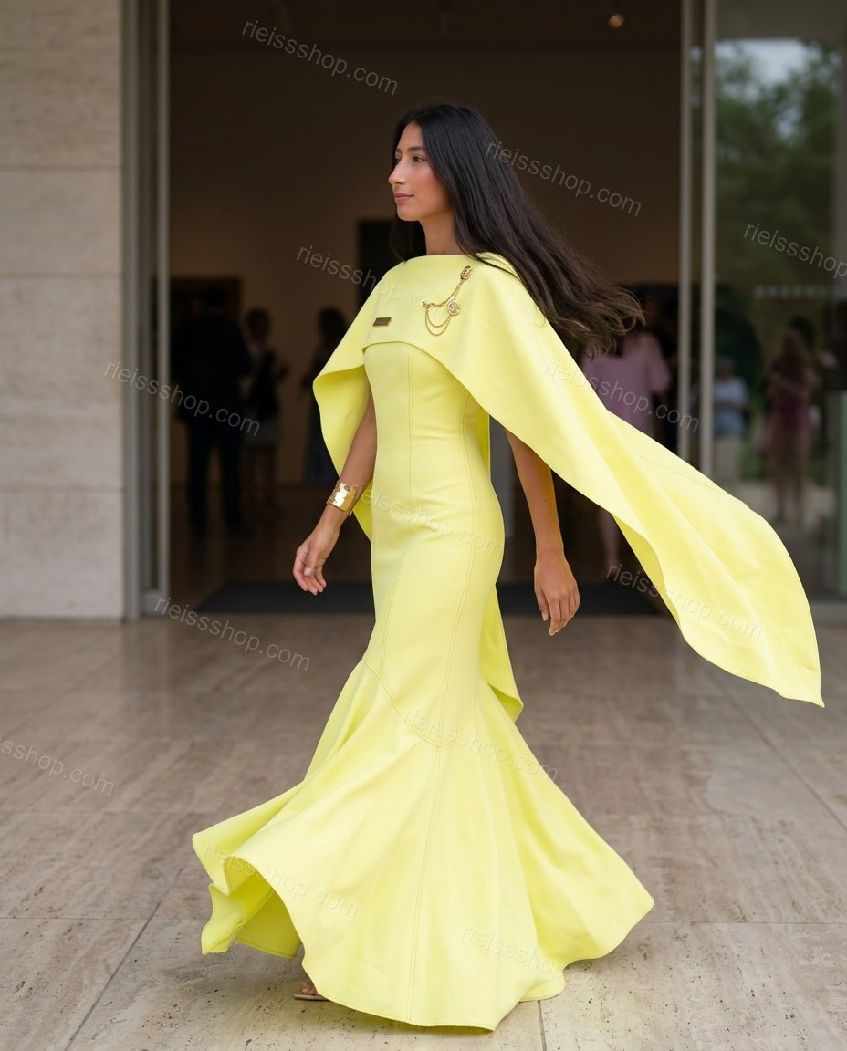 Lime Yellow Maxi Cape Dress, walking lifestyle view, by Rieissshop