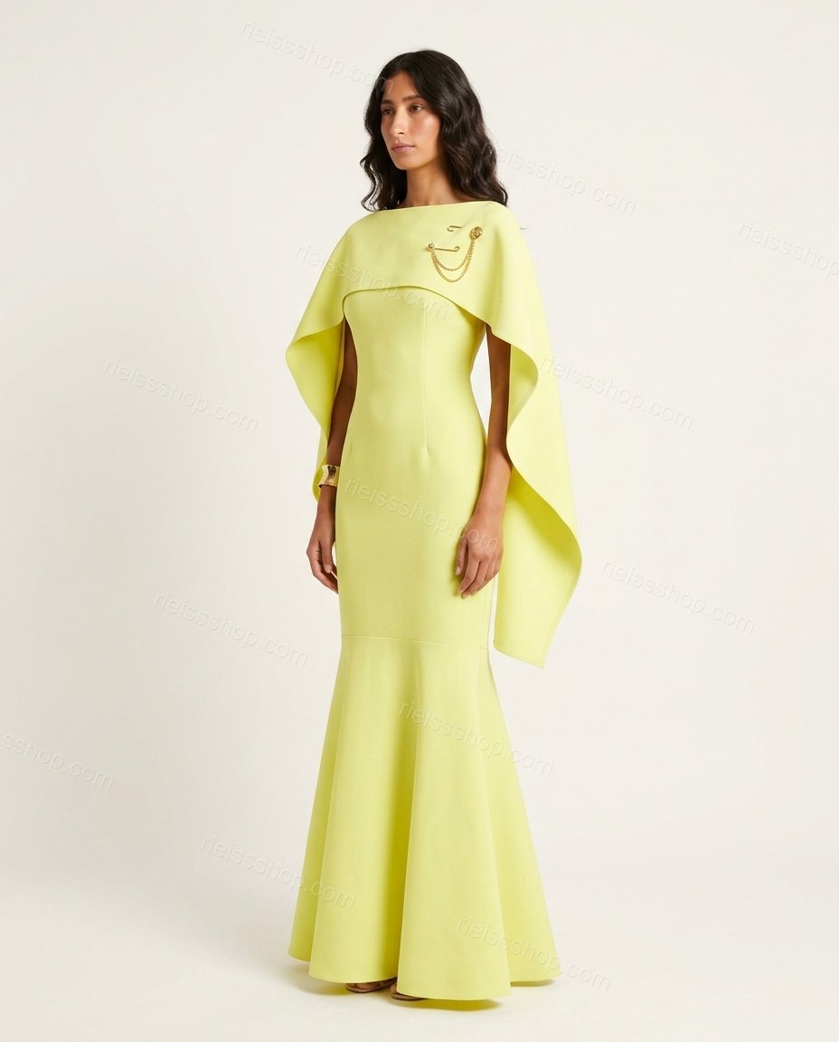 Lime Yellow Maxi Cape Dress, side and back studio view, by Rieissshop