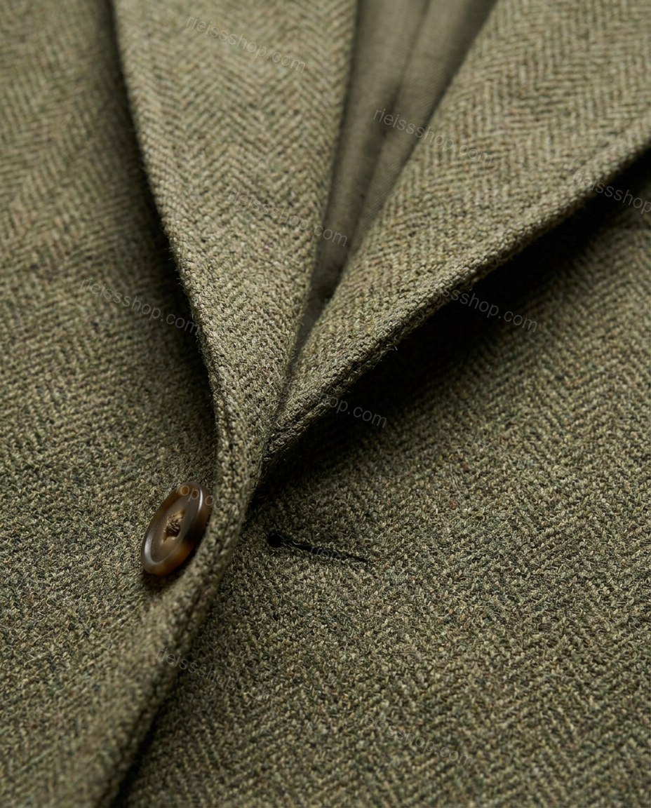 Olive Green Jacket, close-up of brown accents, notched lapel and single-breasted, by Rieissshop