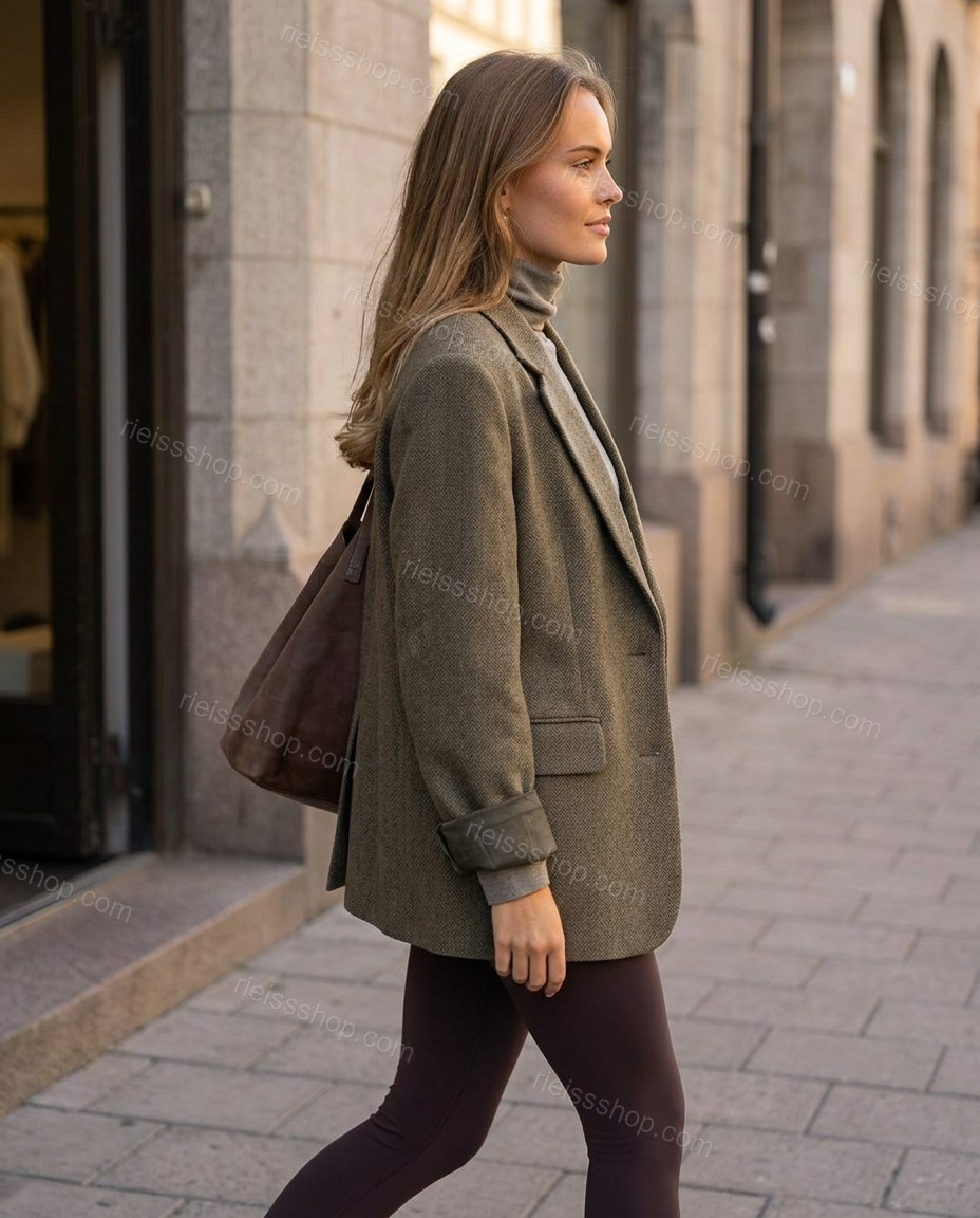 Olive Green Jacket, walking lifestyle view, by Rieissshop