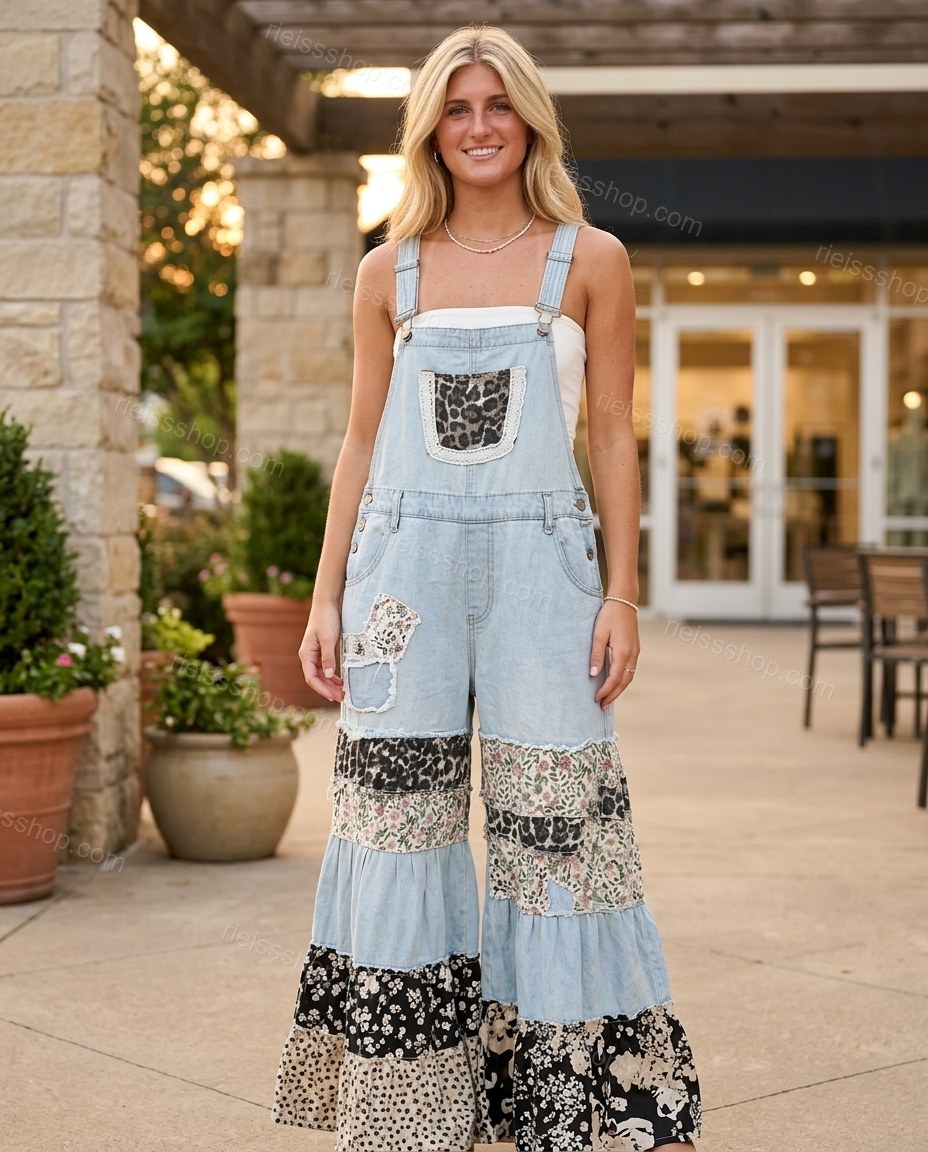 Light Blue Floral Ruffled Tiered Jumpsuit, three-quarter brand lifestyle view, by Rieissshop