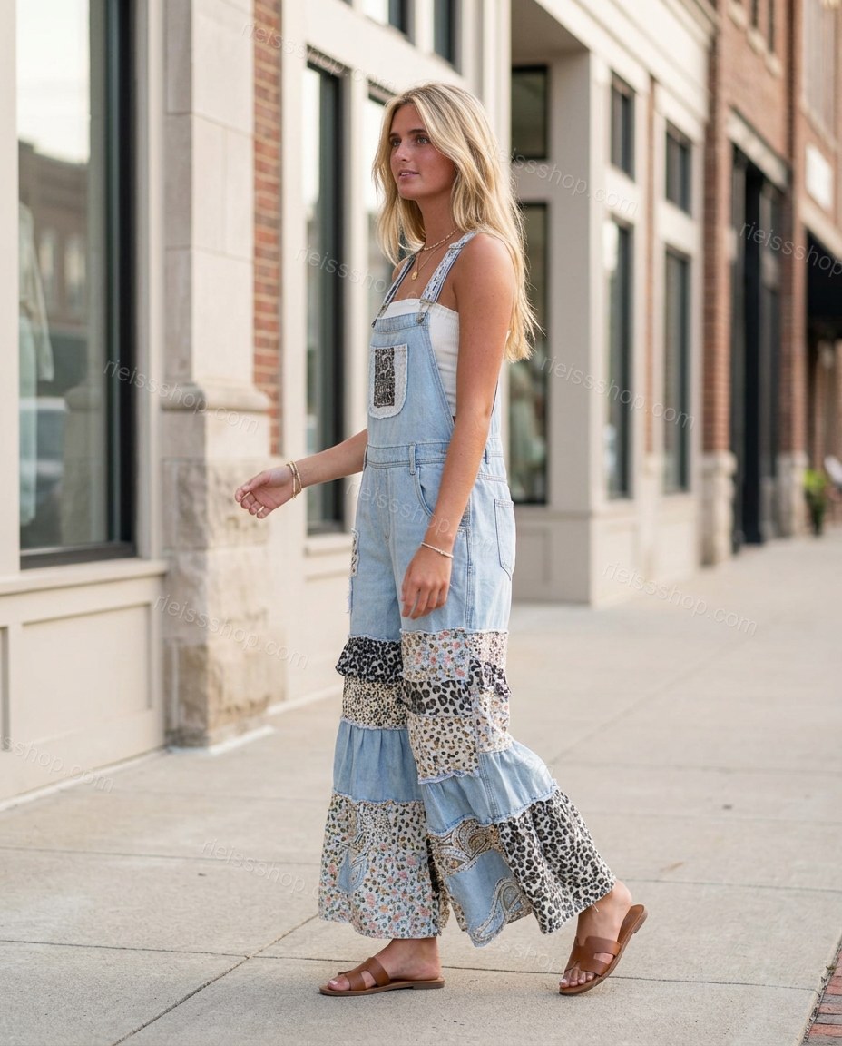 Light Blue Floral Ruffled Tiered Jumpsuit, walking lifestyle view, by Rieissshop