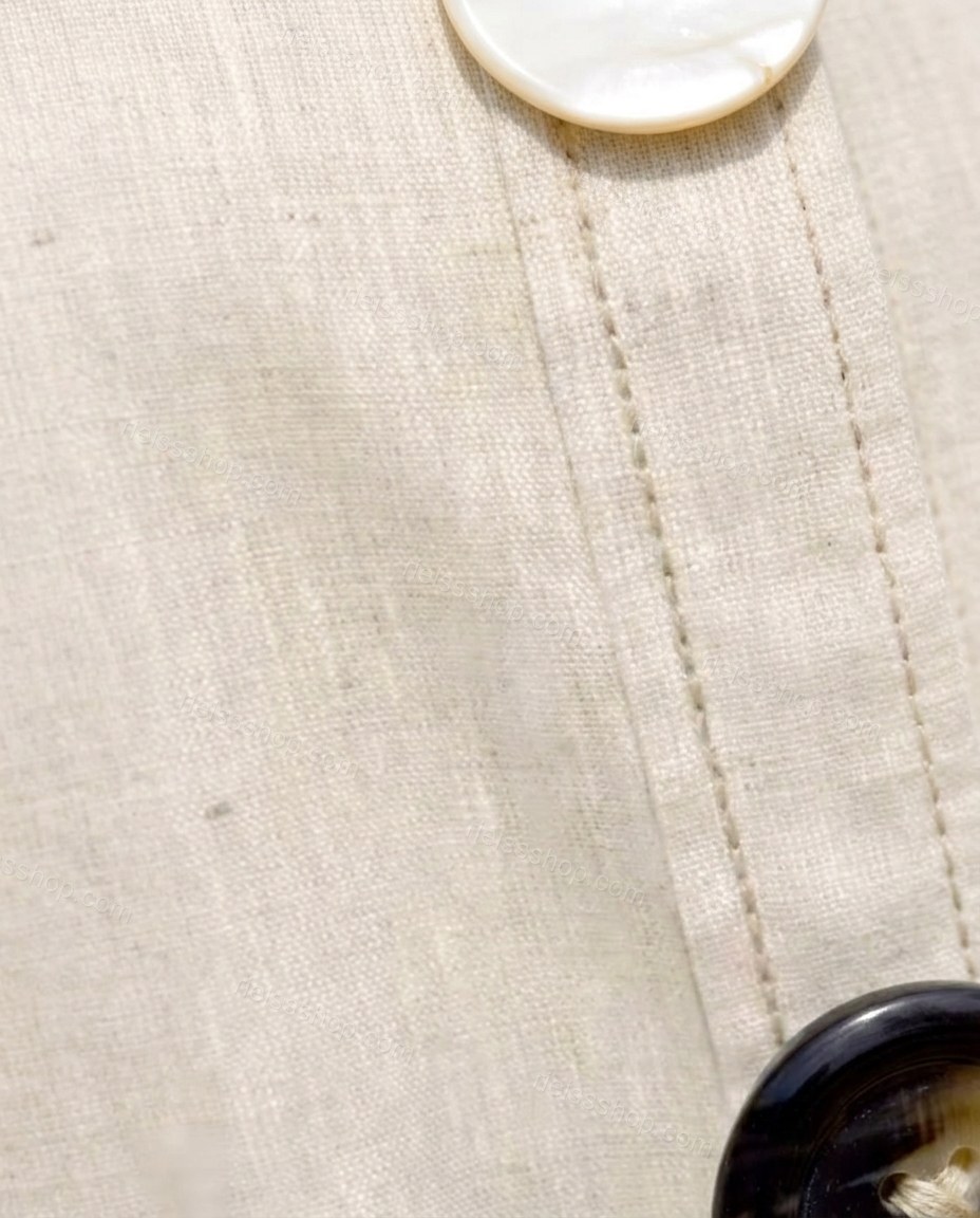 Ecru Mini Linen Dress, close-up of button-front, ruched sleeves and vertical topstitching, by Rieissshop
