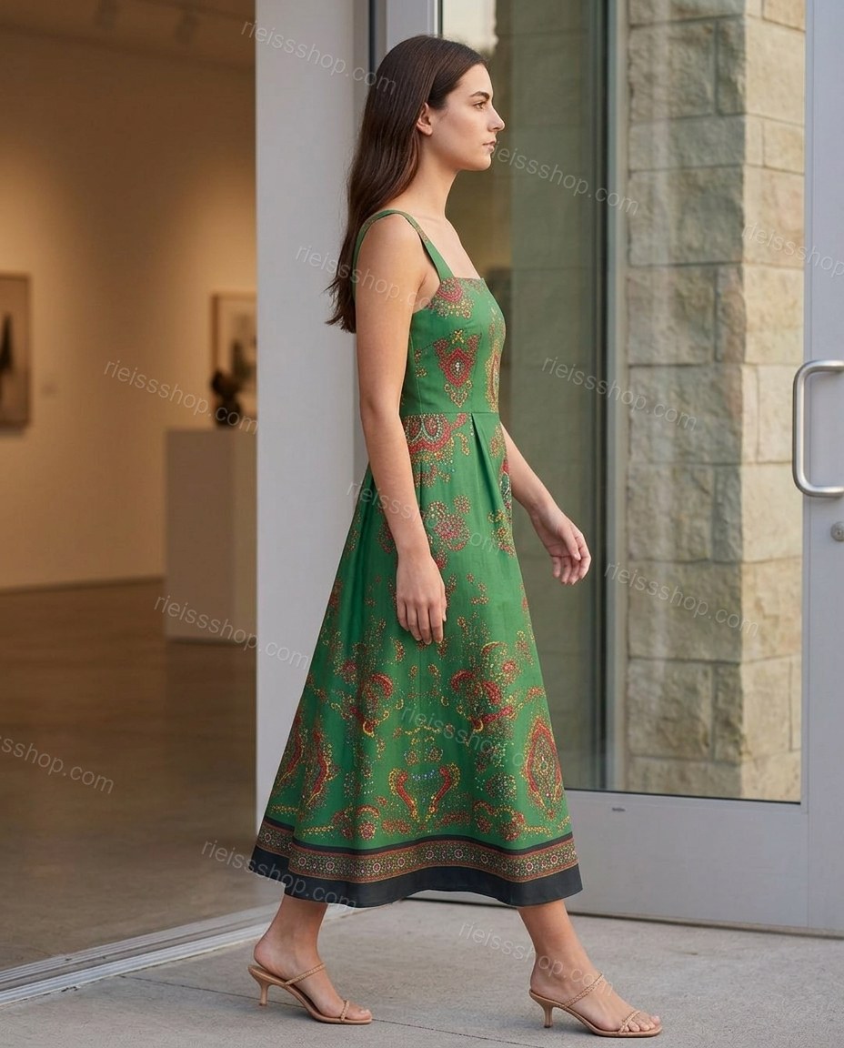 Green Midi Dress, movement and fit lifestyle view, by Rieissshop