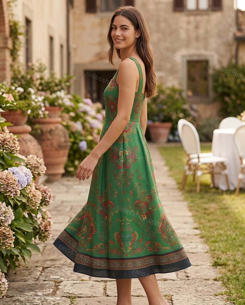 Green Midi Dress, walking lifestyle view, by Rieissshop