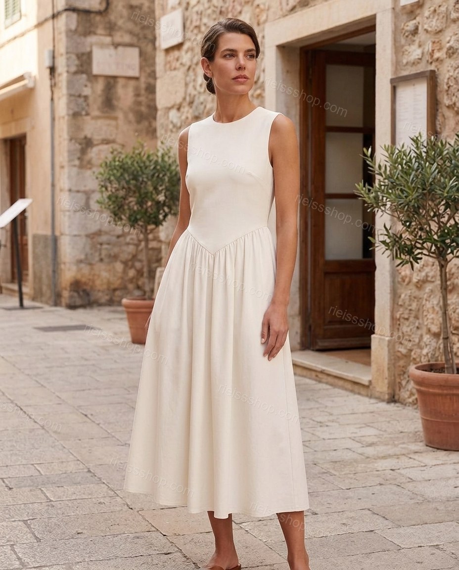 Off-white Midi Dress, three-quarter brand lifestyle view, by Rieissshop