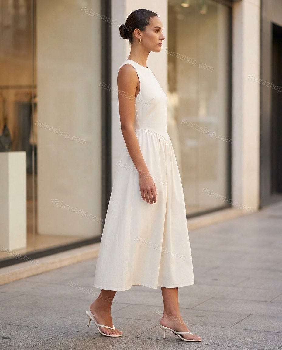 Off-white Midi Dress, walking lifestyle view, by Rieissshop