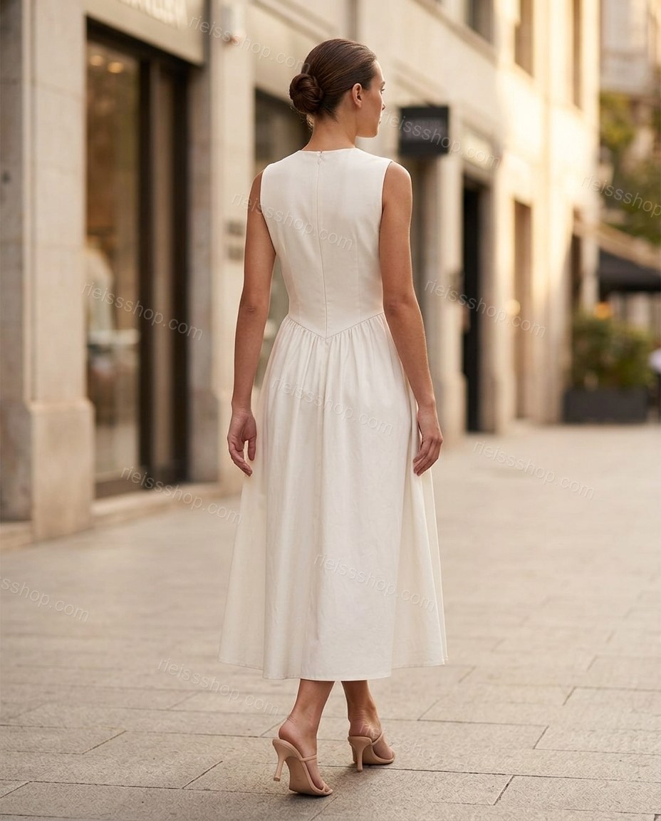 Off-white Midi Dress, movement and fit lifestyle view, by Rieissshop