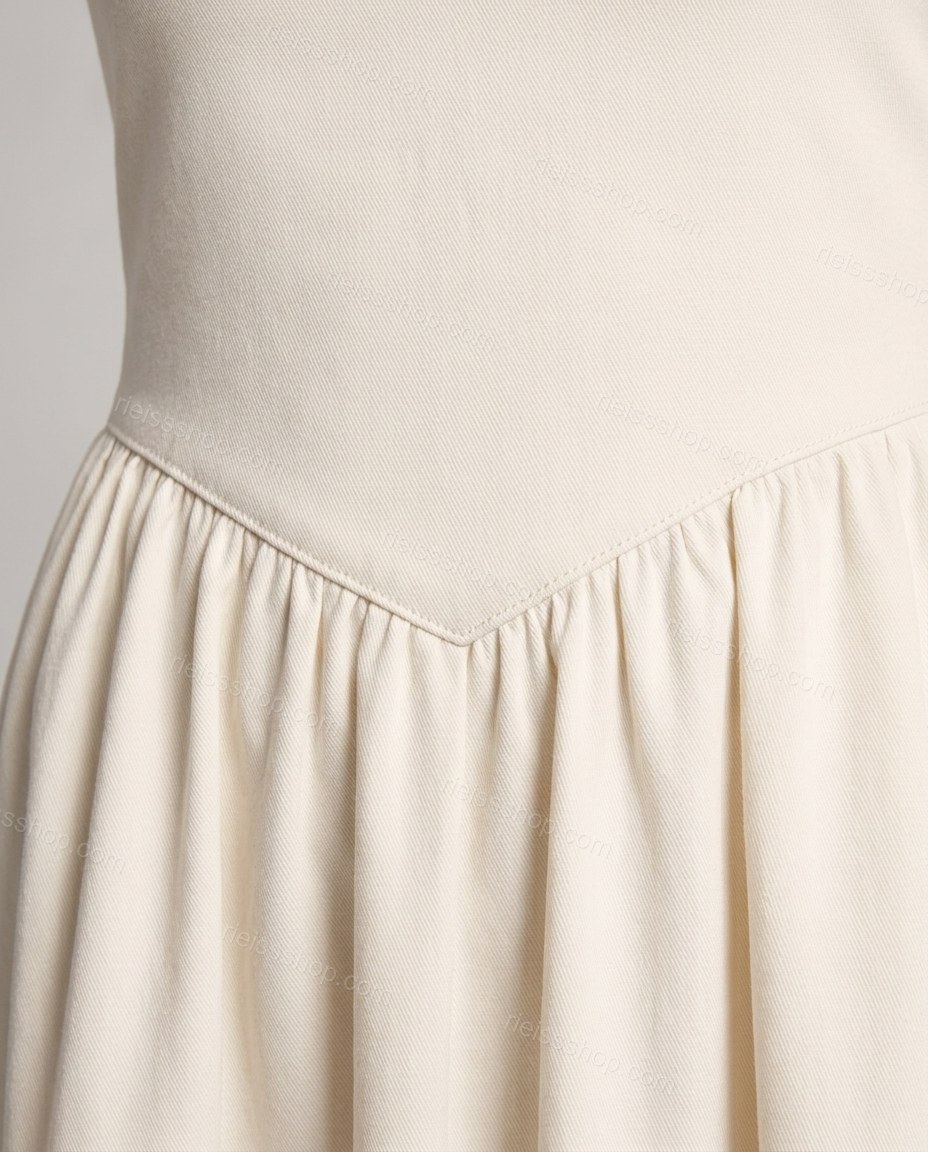 Off-white Midi Dress, close-up of back zipper closure, gathered skirt and v-shaped waist seam, by Rieissshop