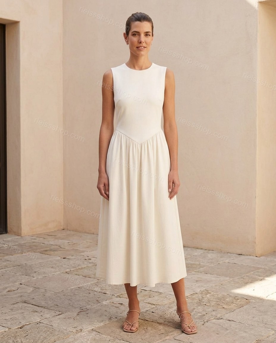 Off-white Midi Dress, full-length hero view, by Rieissshop