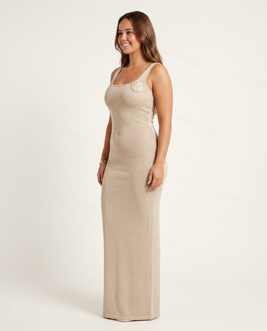 Light Beige Maxi Knit Dress, side and back studio view showing scoop back (implied), bodycon fit, by Rieissshop