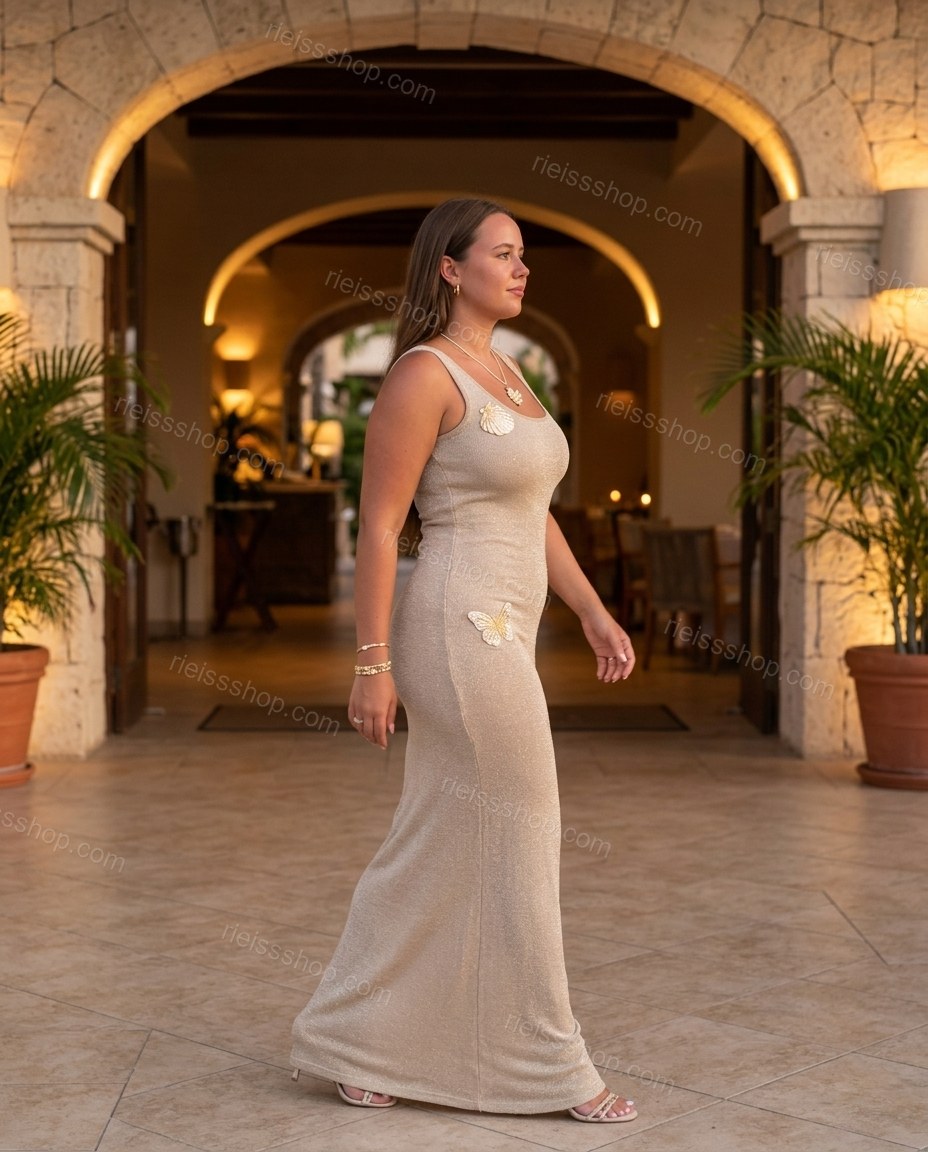 Light Beige Maxi Knit Dress, three-quarter brand lifestyle view, by Rieissshop