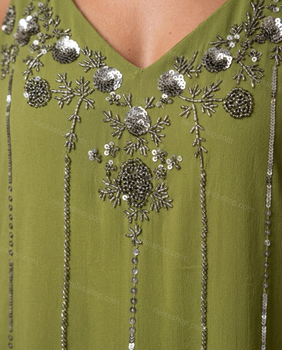 Olive Green Maxi Ruffled Tiered Dress, close-up of silver accents, sequin embellishment and bead embellishment, by Rieissshop