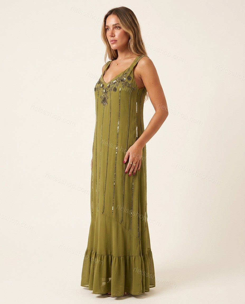 Olive Green Maxi Ruffled Tiered Dress, side and back studio view, by Rieissshop
