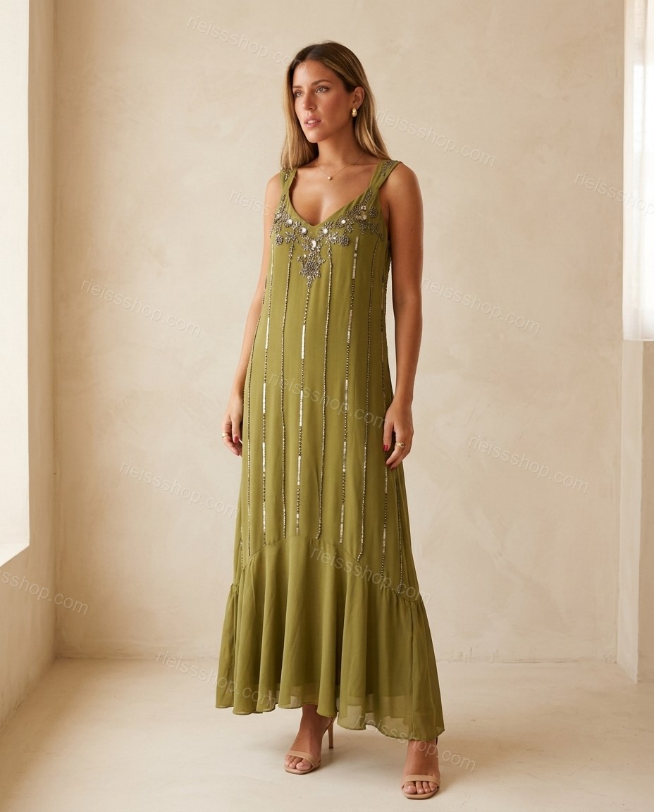 Olive Green Maxi Ruffled Tiered Dress, full-length hero view, by Rieissshop