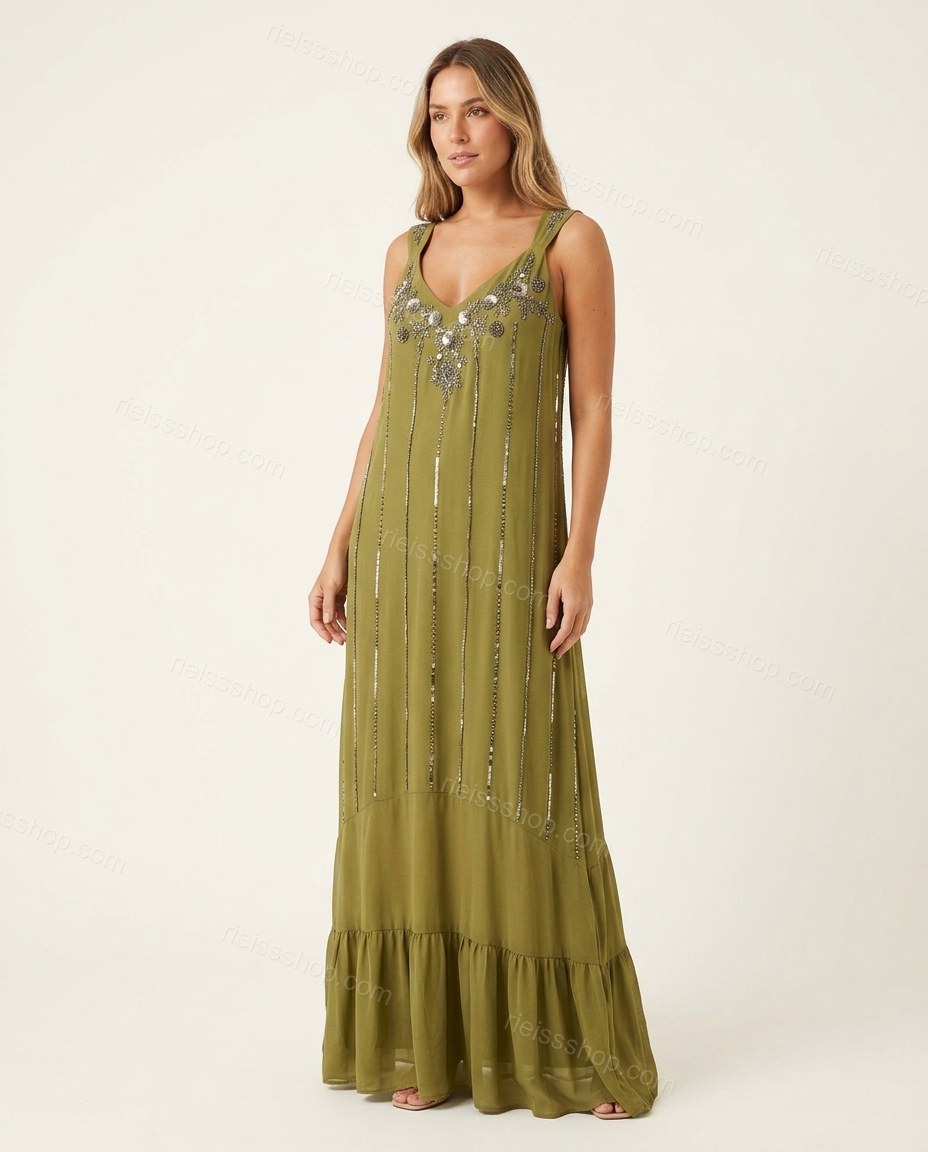 Olive Green Maxi Ruffled Tiered Dress, front studio view, by Rieissshop