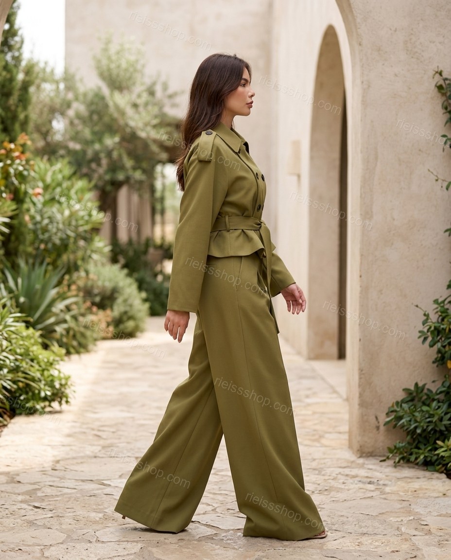 Olive Green Pleated Peplum Pants Set, walking lifestyle view, by Rieissshop