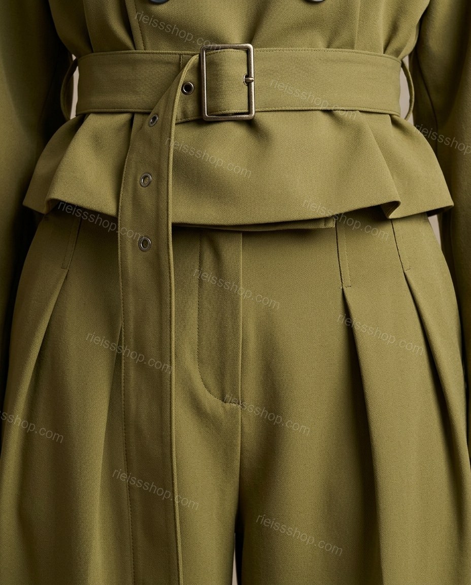 Olive Green Pleated Peplum Pants Set, close-up of double-breasted, belted waist and shoulder epaulets, by Rieissshop