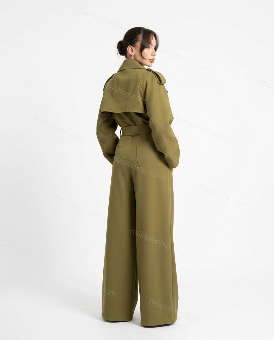Olive Green Pleated Peplum Pants Set, back studio view, by Rieissshop