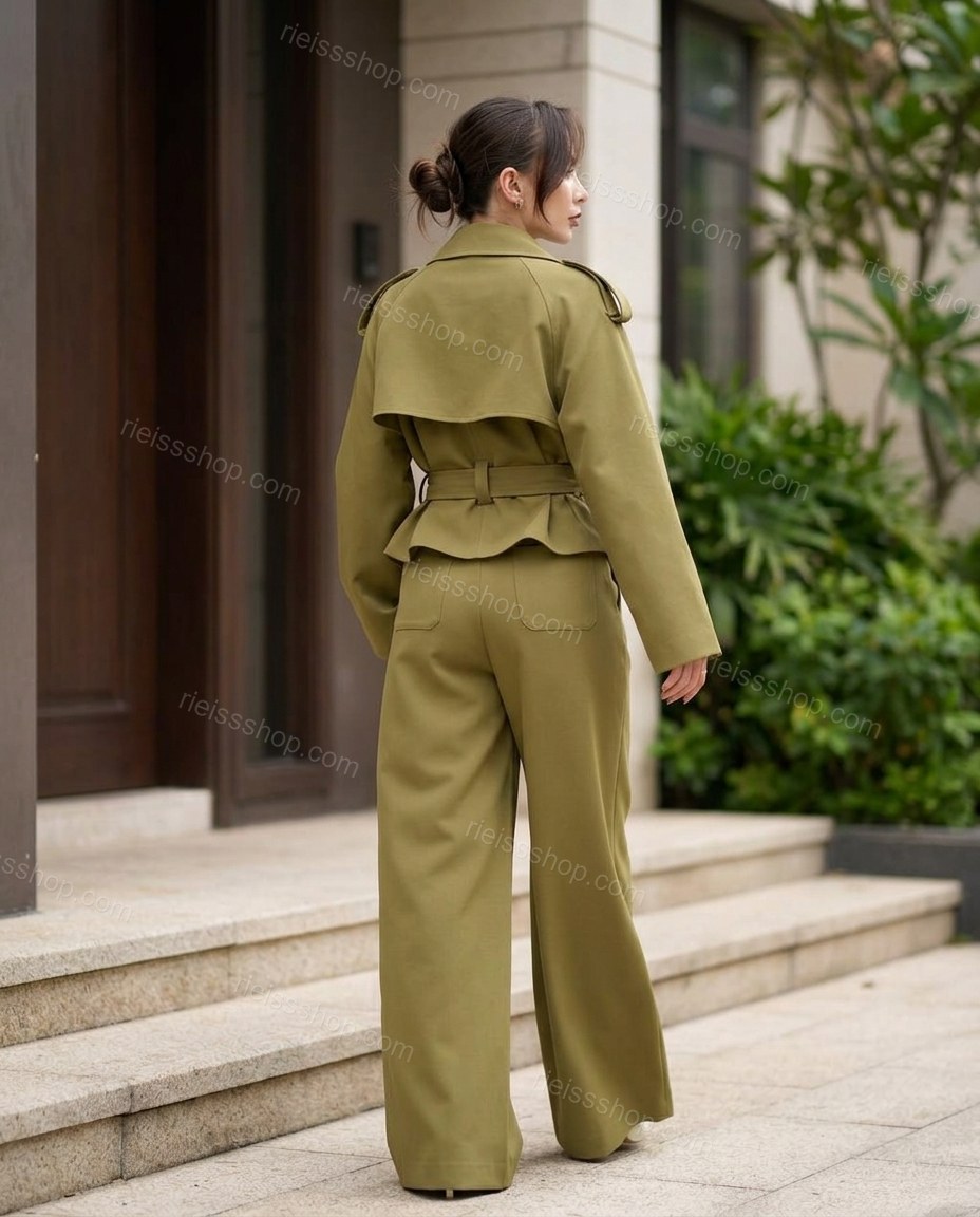 Olive Green Pleated Peplum Pants Set, movement and fit lifestyle view, by Rieissshop