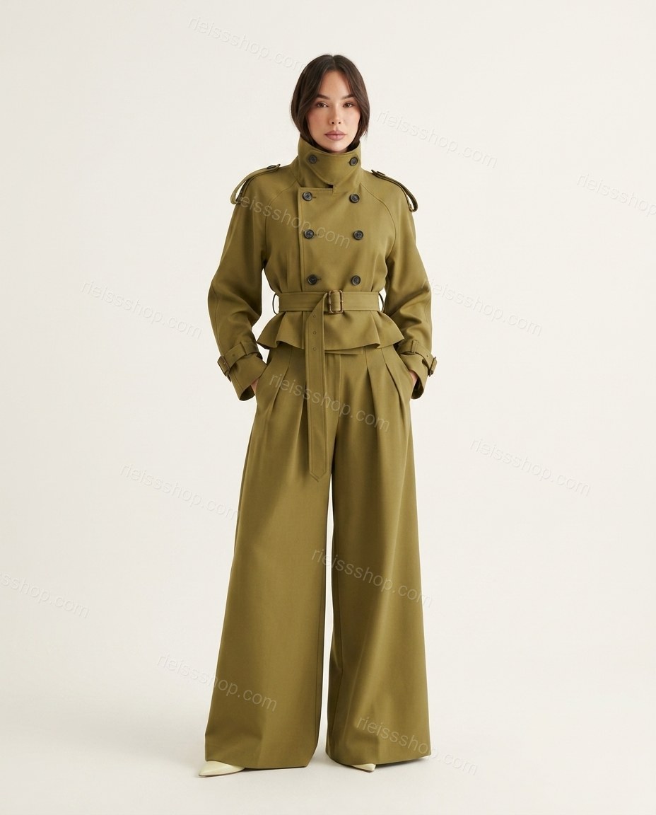 Olive Green Pleated Peplum Pants Set, front studio view, by Rieissshop