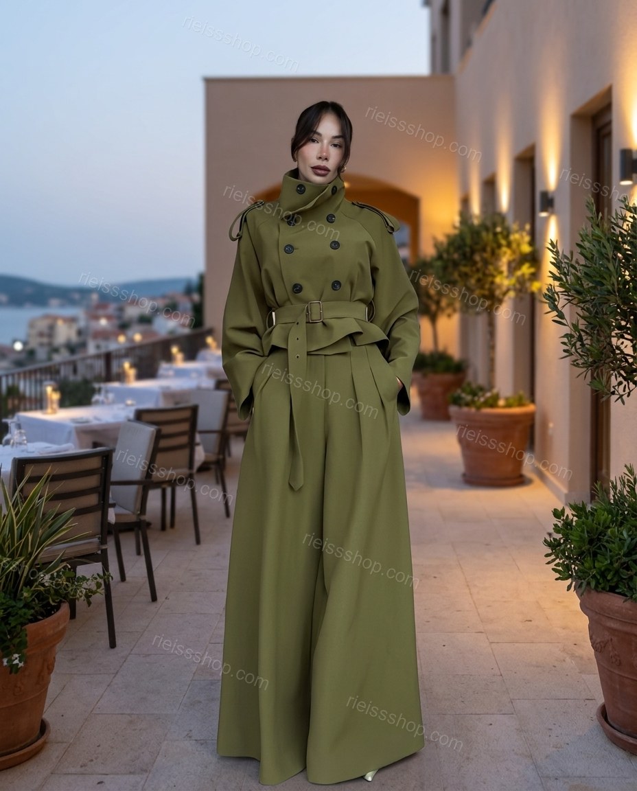 Olive Green Pleated Peplum Pants Set, three-quarter brand lifestyle view, by Rieissshop