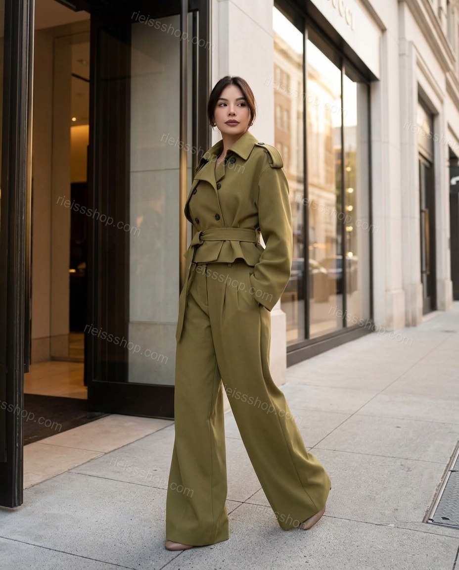 Olive Green Pleated Peplum Pants Set, alternate use-case lifestyle view, by Rieissshop