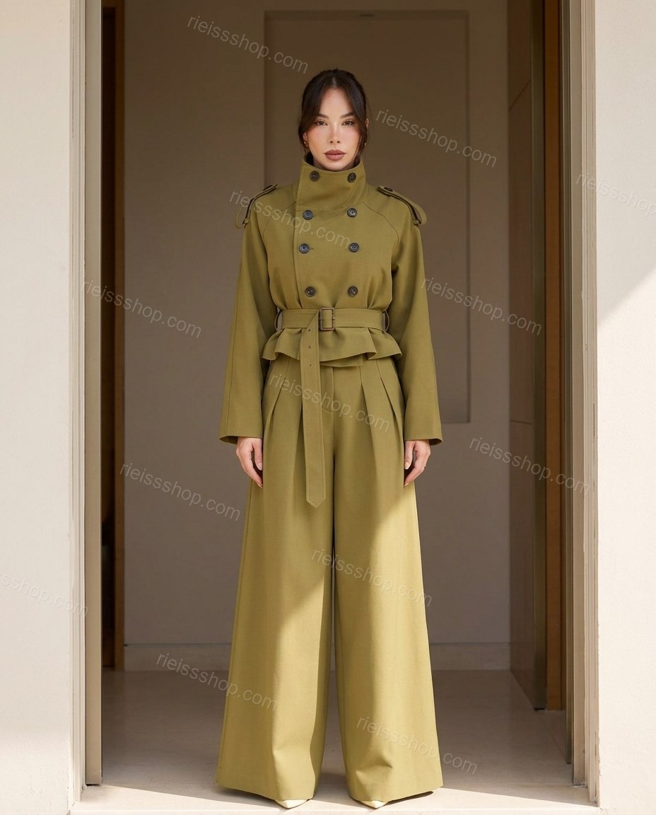 Olive Green Pleated Peplum Pants Set, full-length hero view, by Rieissshop