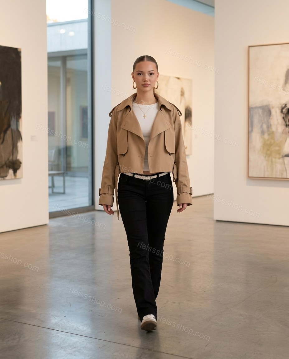 Tan Jacket, walking lifestyle view, by Rieissshop