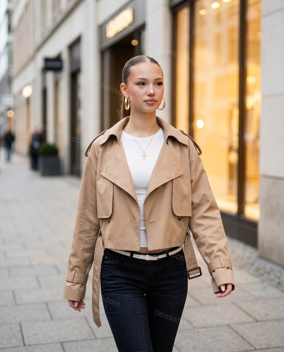 Tan Jacket, movement and fit lifestyle view, by Rieissshop